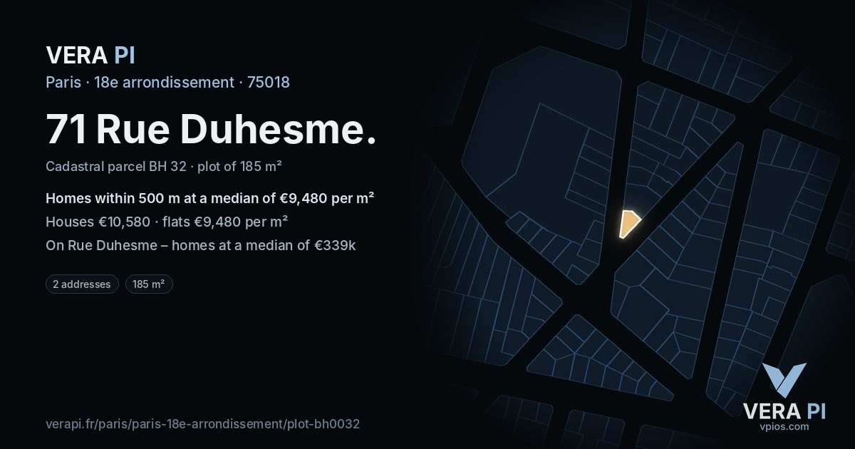 71 Rue Duhesme, 18e arrondissement at night – the plot lit, the parcels around coloured by the prices near them
