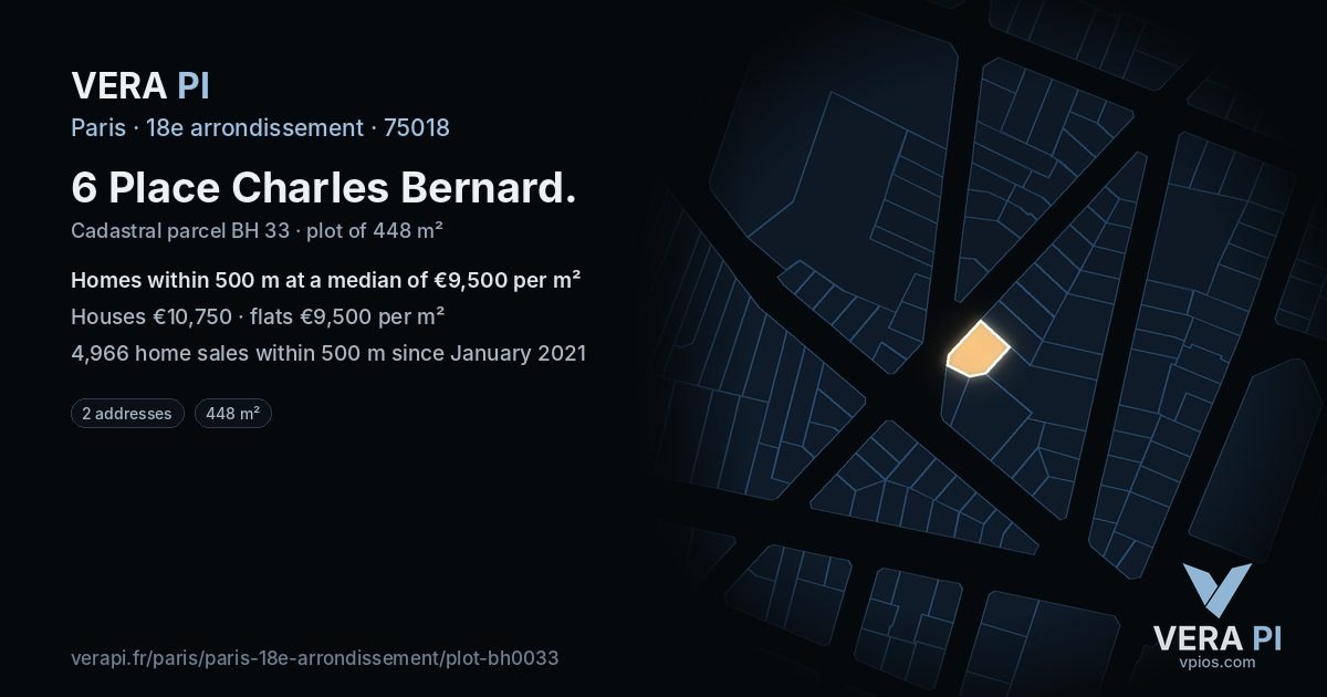 6 Place Charles Bernard, 18e arrondissement at night – the plot lit, the parcels around coloured by the prices near them