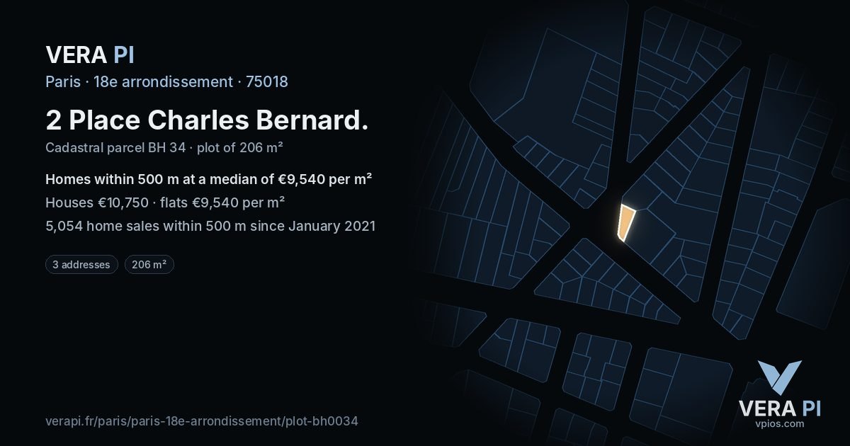 2 Place Charles Bernard, 18e arrondissement at night – the plot lit, the parcels around coloured by the prices near them
