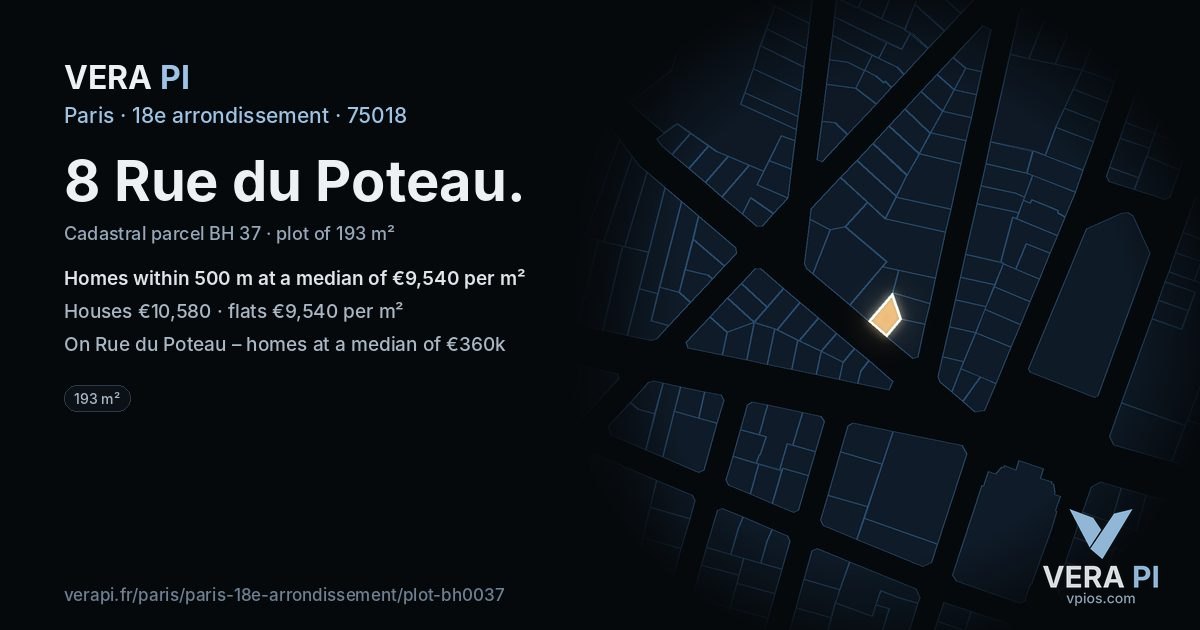 8 Rue du Poteau, 18e arrondissement at night – the plot lit, the parcels around coloured by the prices near them