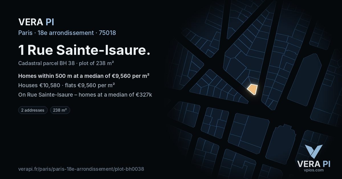 1 Rue Sainte-Isaure, 18e arrondissement at night – the plot lit, the parcels around coloured by the prices near them