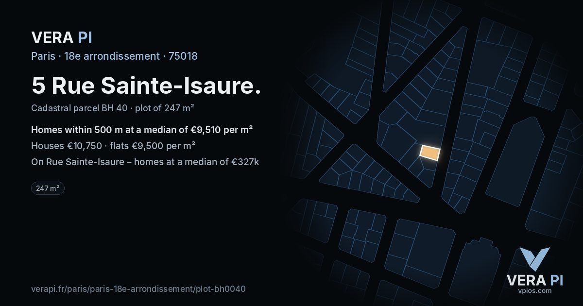 5 Rue Sainte-Isaure, 18e arrondissement at night – the plot lit, the parcels around coloured by the prices near them