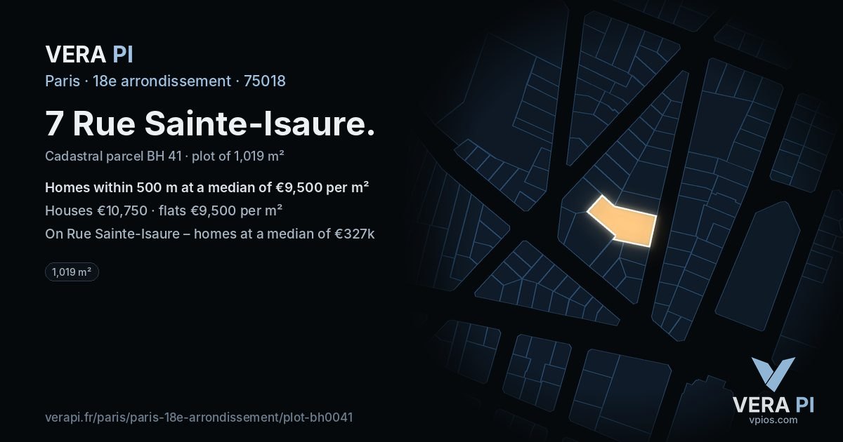 7 Rue Sainte-Isaure, 18e arrondissement at night – the plot lit, the parcels around coloured by the prices near them