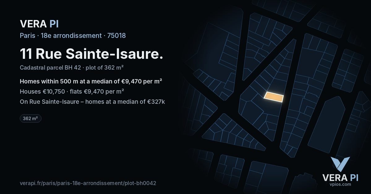 11 Rue Sainte-Isaure, 18e arrondissement at night – the plot lit, the parcels around coloured by the prices near them