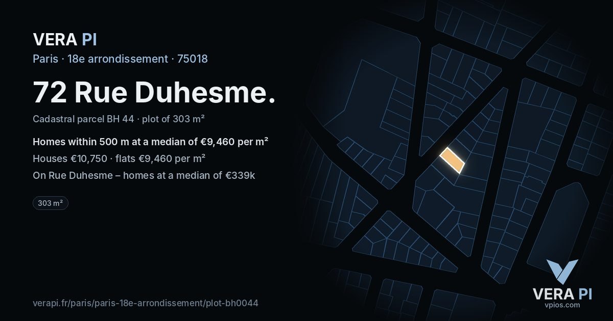 72 Rue Duhesme, 18e arrondissement at night – the plot lit, the parcels around coloured by the prices near them