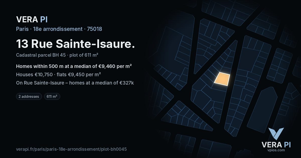 13 Rue Sainte-Isaure, 18e arrondissement at night – the plot lit, the parcels around coloured by the prices near them