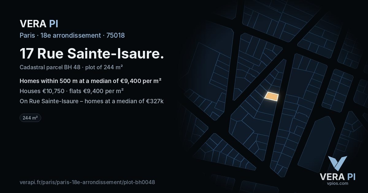 17 Rue Sainte-Isaure, 18e arrondissement at night – the plot lit, the parcels around coloured by the prices near them