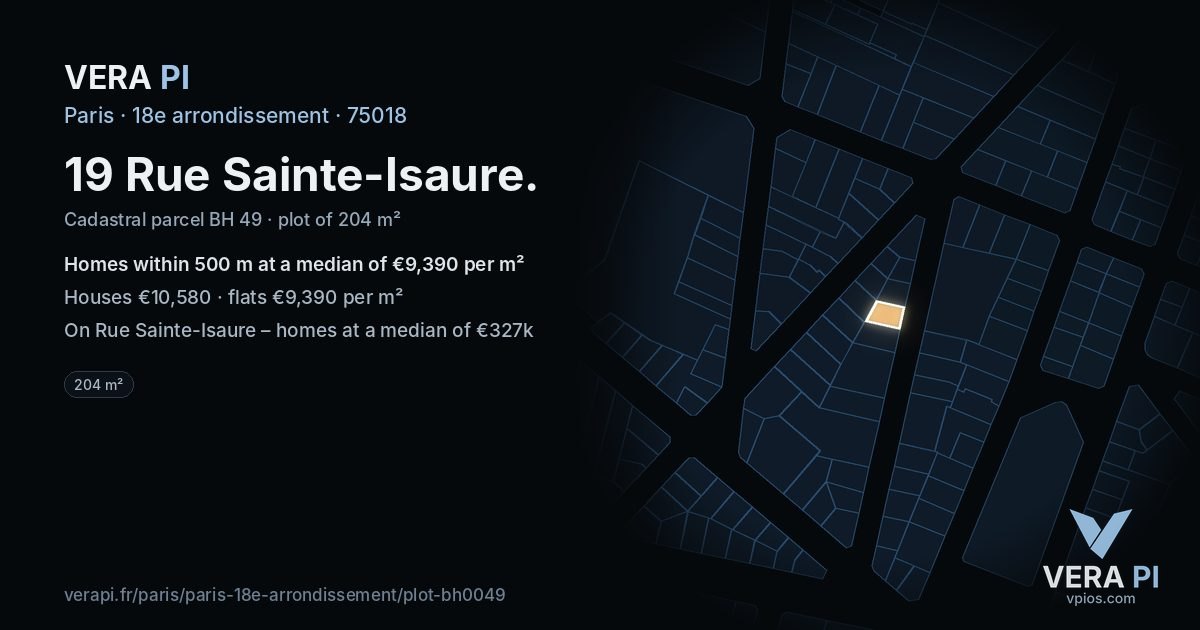 19 Rue Sainte-Isaure, 18e arrondissement at night – the plot lit, the parcels around coloured by the prices near them