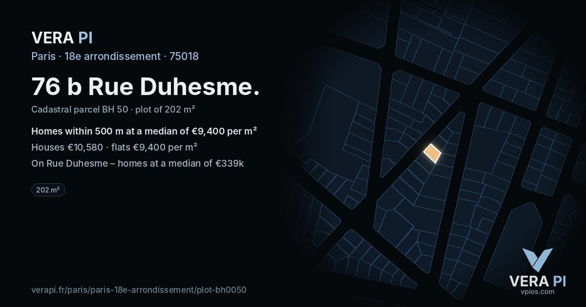 76 b Rue Duhesme, 18e arrondissement at night – the plot lit, the parcels around coloured by the prices near them