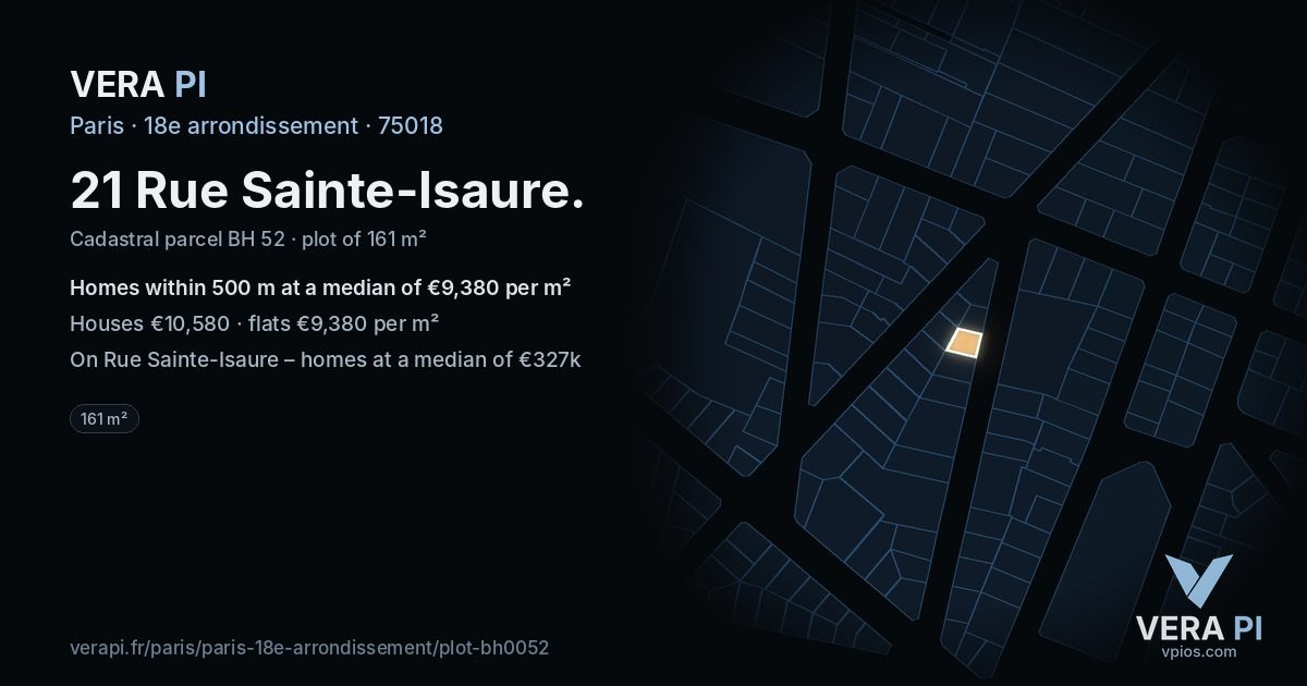 21 Rue Sainte-Isaure, 18e arrondissement at night – the plot lit, the parcels around coloured by the prices near them