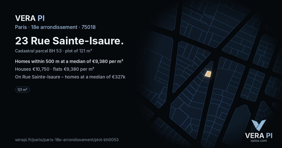 23 Rue Sainte-Isaure, 18e arrondissement at night – the plot lit, the parcels around coloured by the prices near them