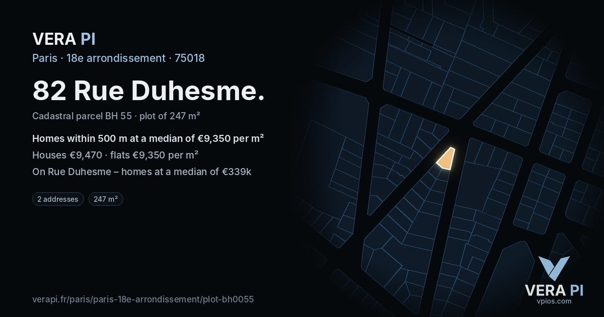 82 Rue Duhesme, 18e arrondissement at night – the plot lit, the parcels around coloured by the prices near them