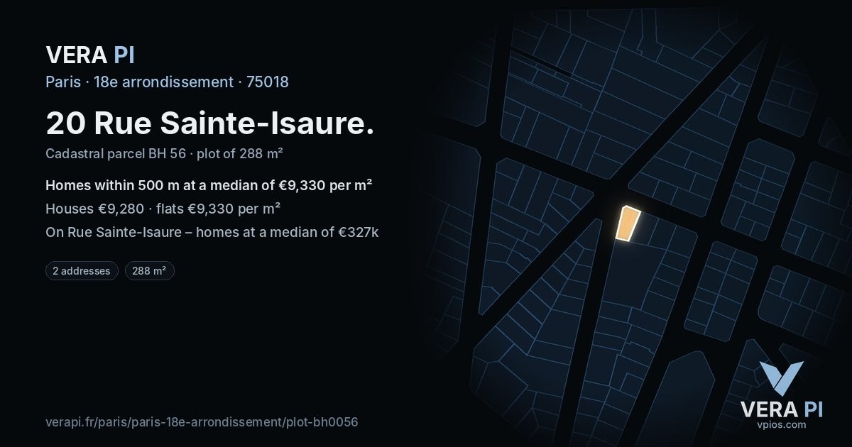 20 Rue Sainte-Isaure, 18e arrondissement at night – the plot lit, the parcels around coloured by the prices near them