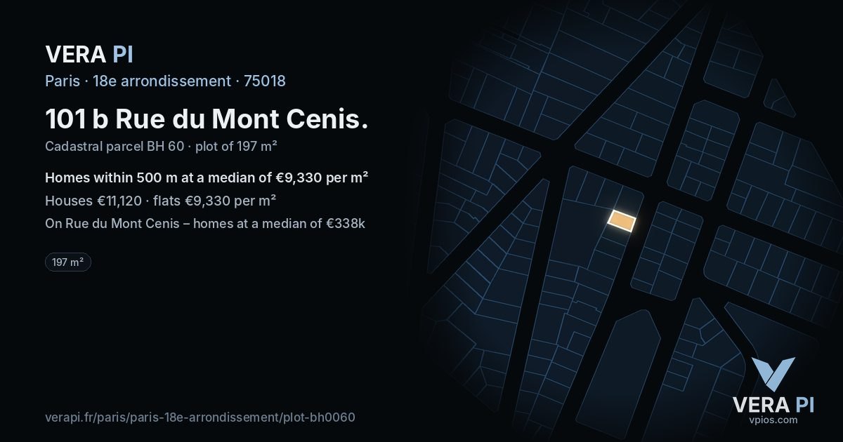 101 b Rue du Mont Cenis, 18e arrondissement at night – the plot lit, the parcels around coloured by the prices near them