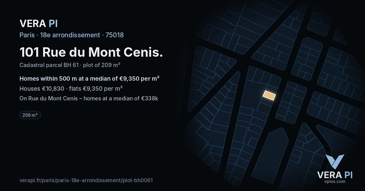101 Rue du Mont Cenis, 18e arrondissement at night – the plot lit, the parcels around coloured by the prices near them