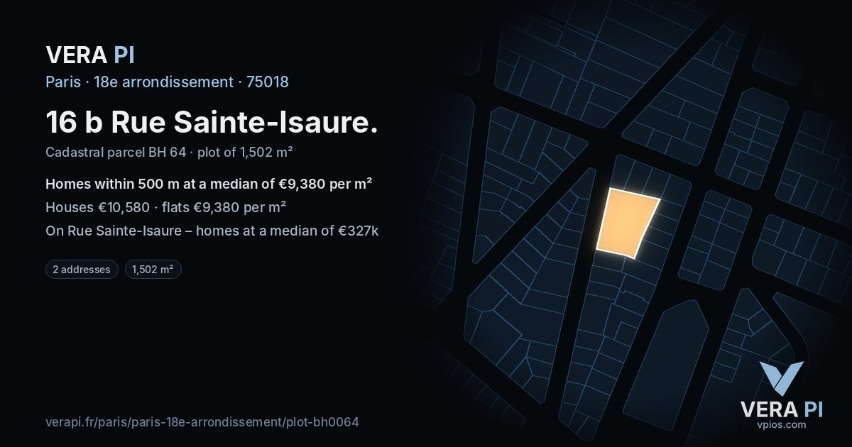 16 b Rue Sainte-Isaure, 18e arrondissement at night – the plot lit, the parcels around coloured by the prices near them