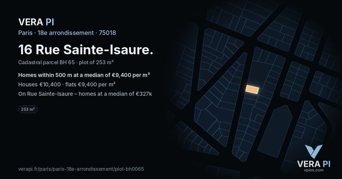 16 Rue Sainte-Isaure, 18e arrondissement at night – the plot lit, the parcels around coloured by the prices near them