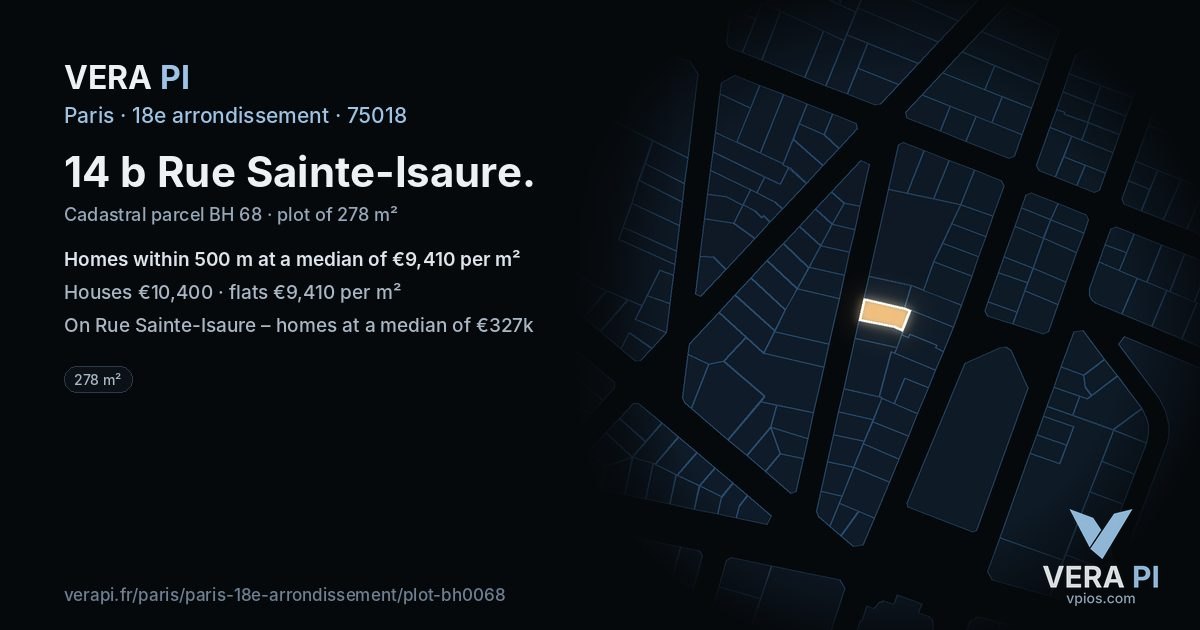 14 b Rue Sainte-Isaure, 18e arrondissement at night – the plot lit, the parcels around coloured by the prices near them