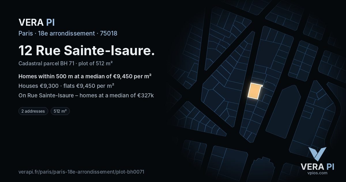 12 Rue Sainte-Isaure, 18e arrondissement at night – the plot lit, the parcels around coloured by the prices near them