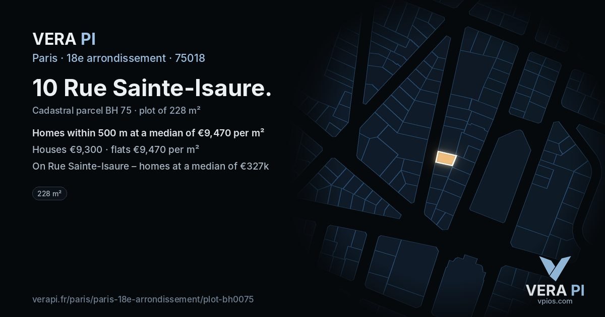 10 Rue Sainte-Isaure, 18e arrondissement at night – the plot lit, the parcels around coloured by the prices near them