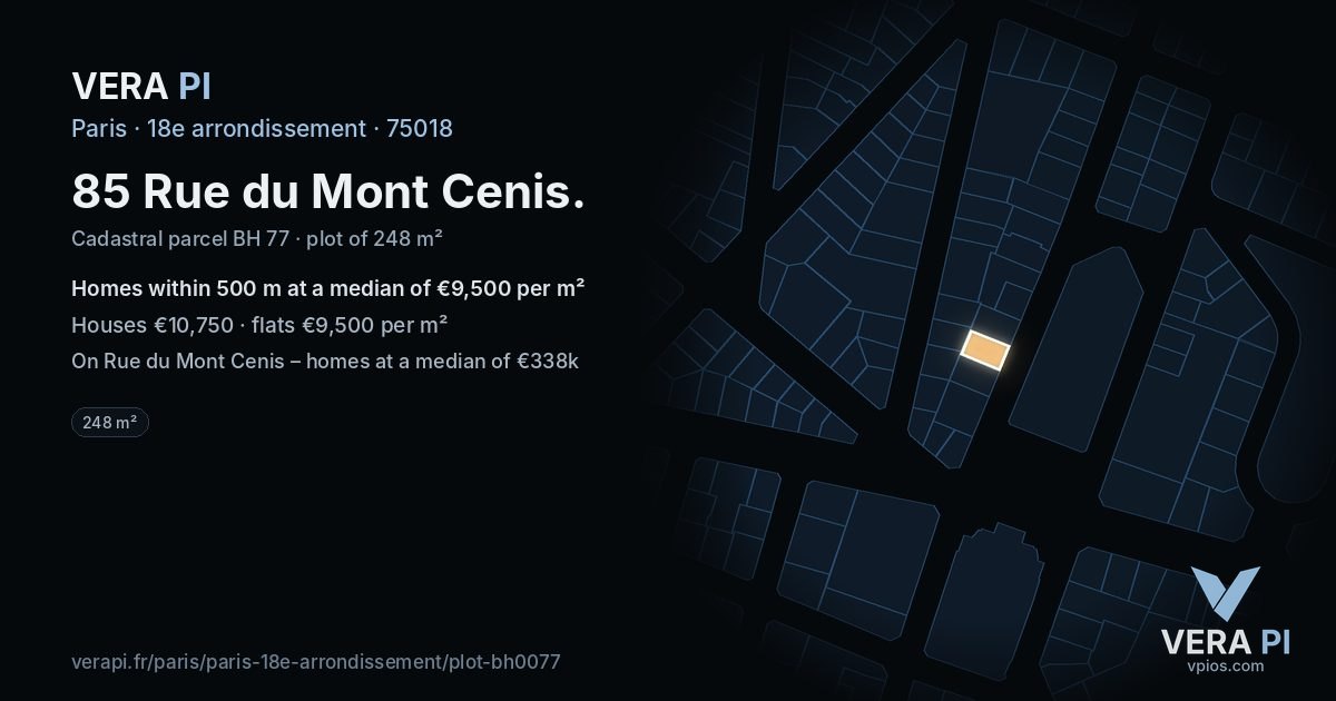 85 Rue du Mont Cenis, 18e arrondissement at night – the plot lit, the parcels around coloured by the prices near them