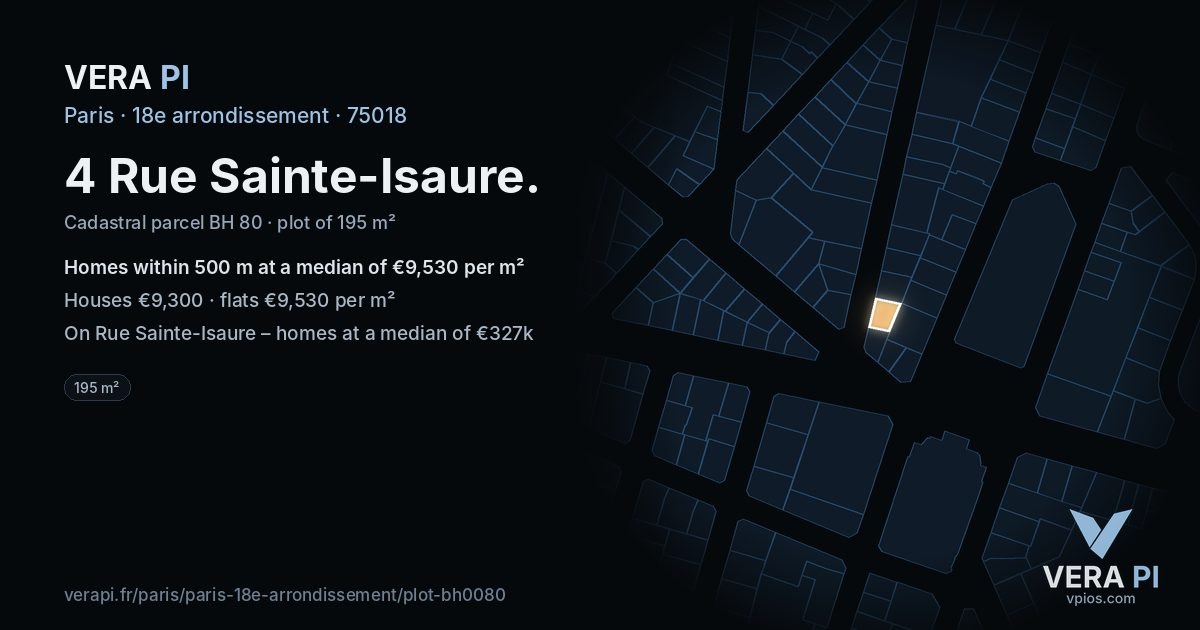 4 Rue Sainte-Isaure, 18e arrondissement at night – the plot lit, the parcels around coloured by the prices near them