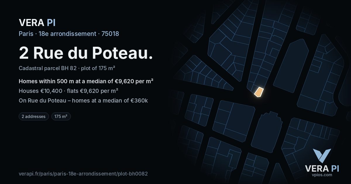 2 Rue du Poteau, 18e arrondissement at night – the plot lit, the parcels around coloured by the prices near them