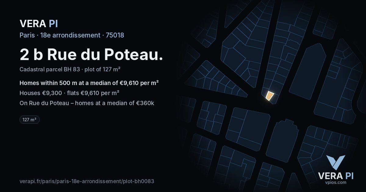 2 b Rue du Poteau, 18e arrondissement at night – the plot lit, the parcels around coloured by the prices near them