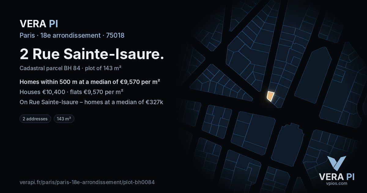 2 Rue Sainte-Isaure, 18e arrondissement at night – the plot lit, the parcels around coloured by the prices near them