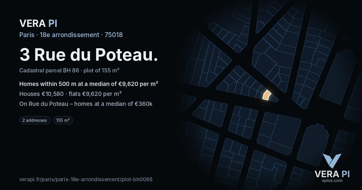 3 Rue du Poteau, 18e arrondissement at night – the plot lit, the parcels around coloured by the prices near them