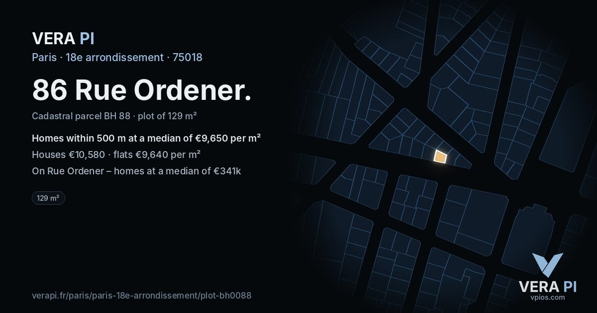 86 Rue Ordener, 18e arrondissement at night – the plot lit, the parcels around coloured by the prices near them