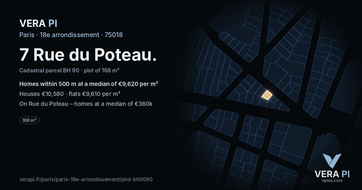 7 Rue du Poteau, 18e arrondissement at night – the plot lit, the parcels around coloured by the prices near them