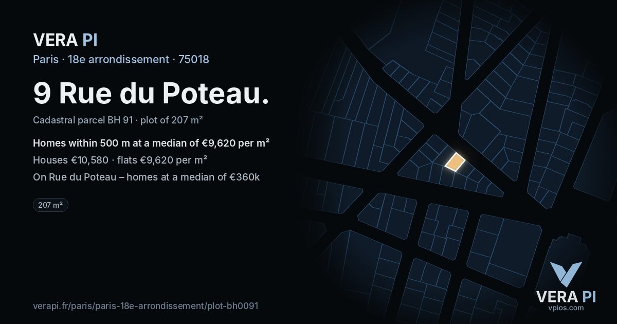 9 Rue du Poteau, 18e arrondissement at night – the plot lit, the parcels around coloured by the prices near them