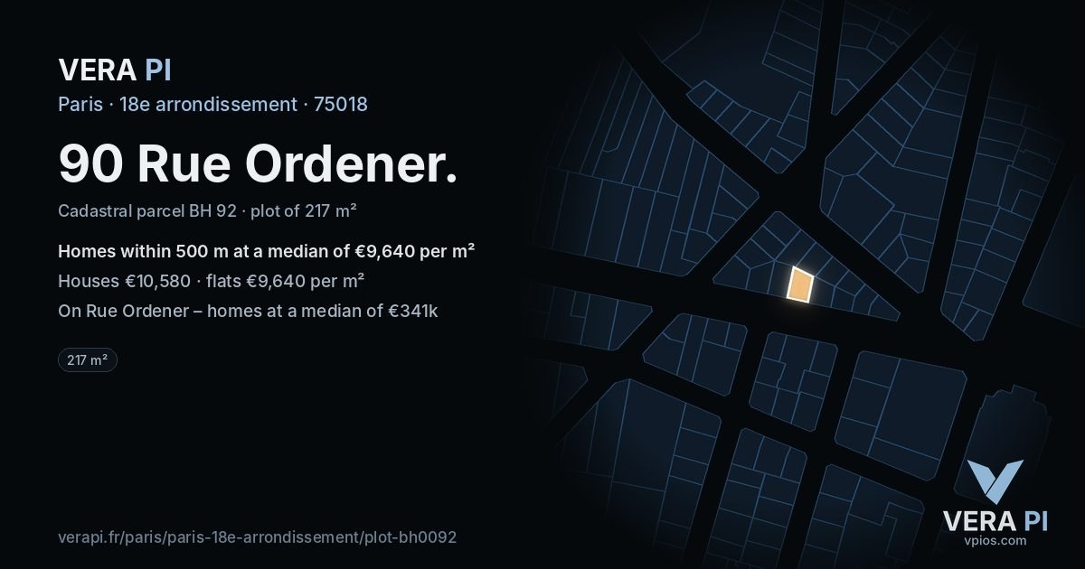 90 Rue Ordener, 18e arrondissement at night – the plot lit, the parcels around coloured by the prices near them