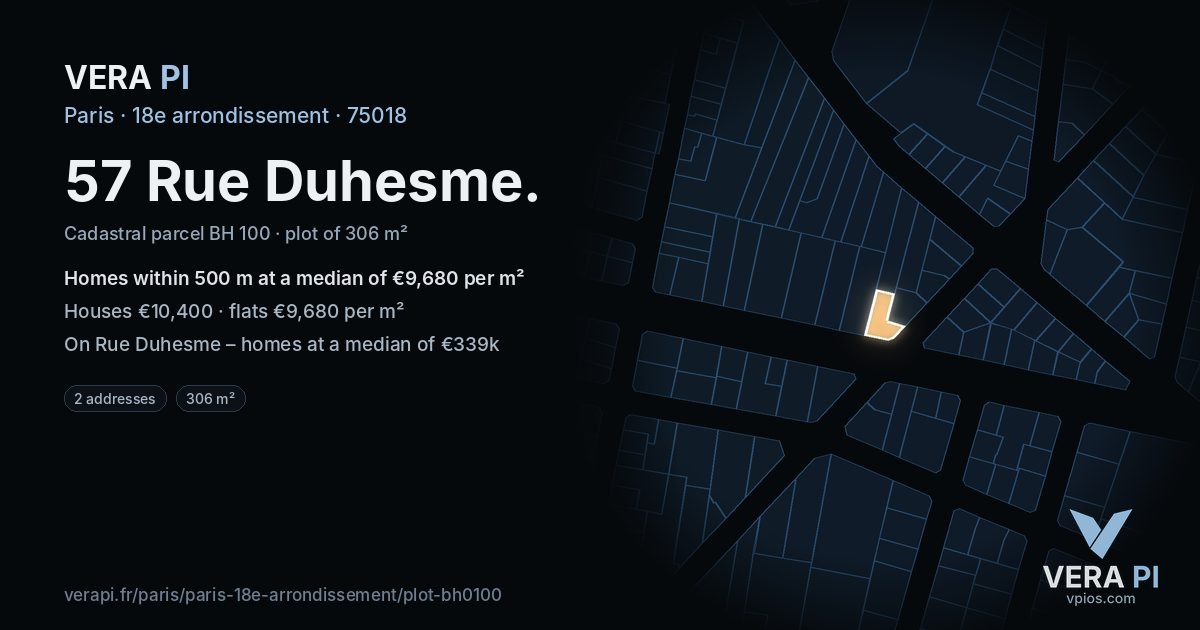 57 Rue Duhesme, 18e arrondissement at night – the plot lit, the parcels around coloured by the prices near them