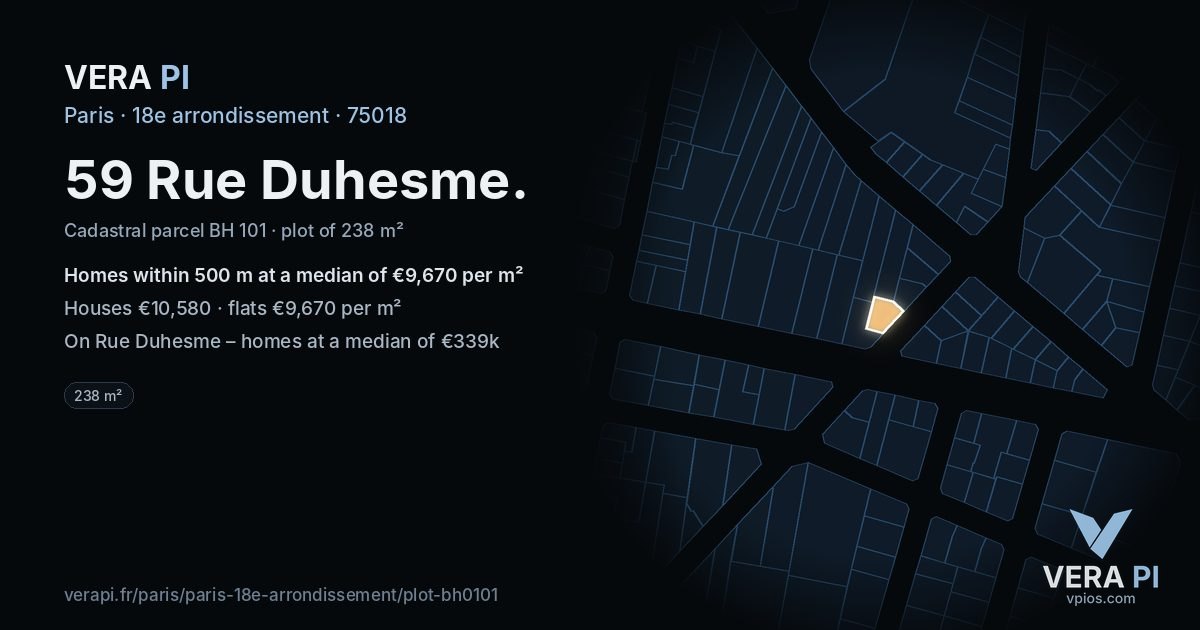 59 Rue Duhesme, 18e arrondissement at night – the plot lit, the parcels around coloured by the prices near them