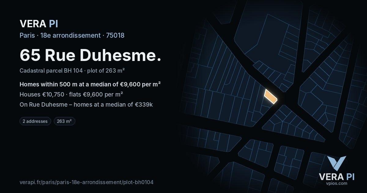 65 Rue Duhesme, 18e arrondissement at night – the plot lit, the parcels around coloured by the prices near them