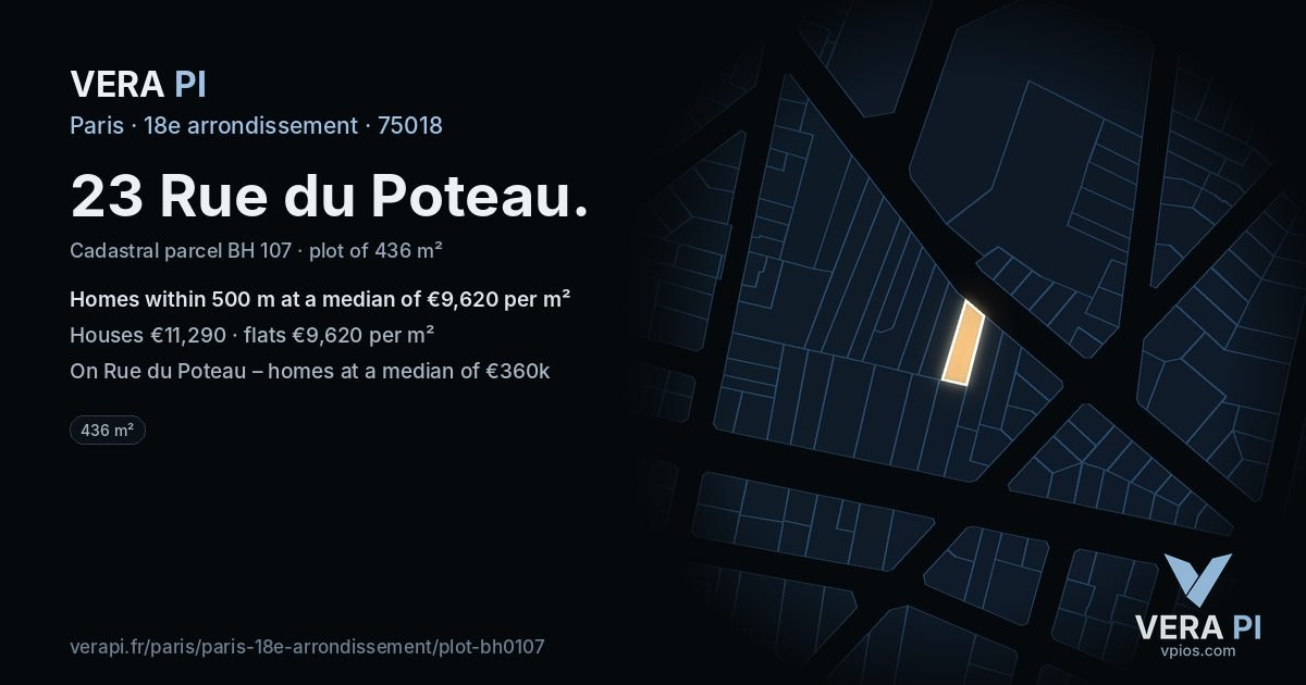 23 Rue du Poteau, 18e arrondissement at night – the plot lit, the parcels around coloured by the prices near them