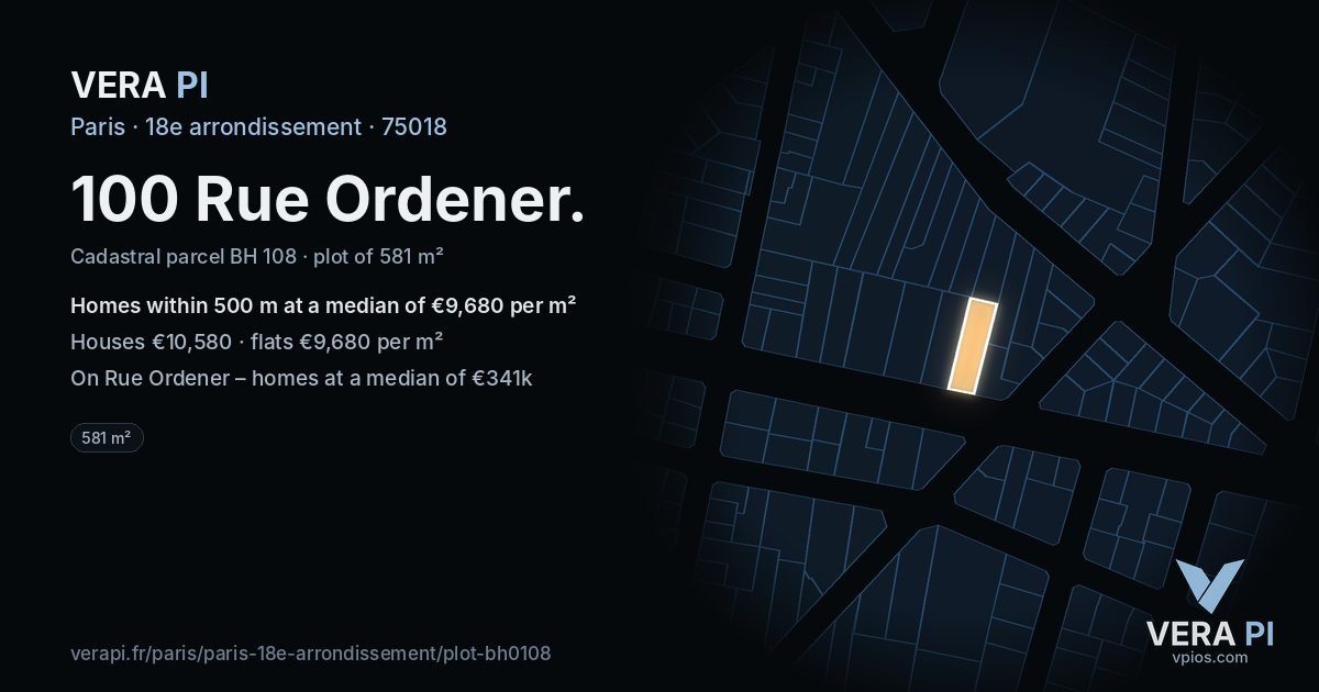 100 Rue Ordener, 18e arrondissement at night – the plot lit, the parcels around coloured by the prices near them