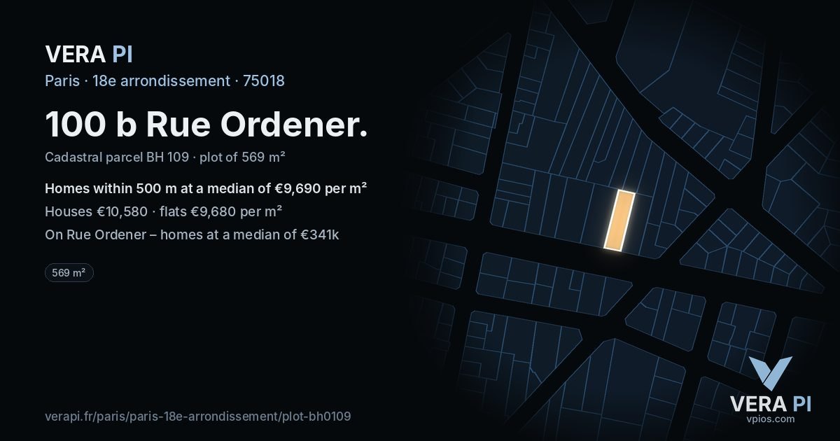 100 b Rue Ordener, 18e arrondissement at night – the plot lit, the parcels around coloured by the prices near them
