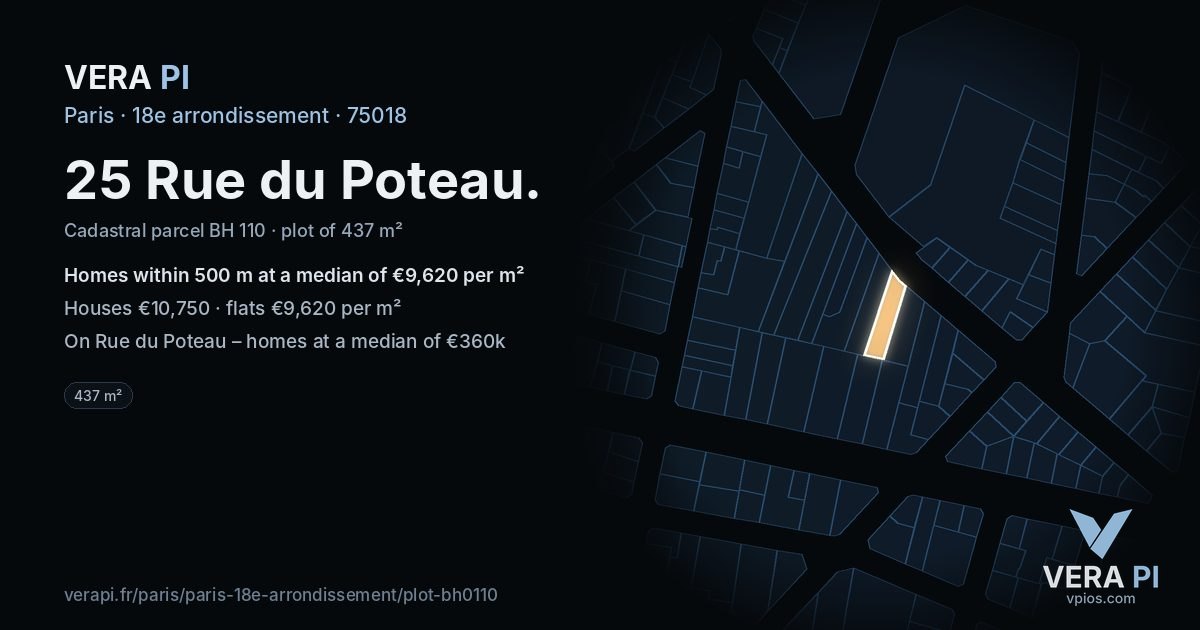 25 Rue du Poteau, 18e arrondissement at night – the plot lit, the parcels around coloured by the prices near them