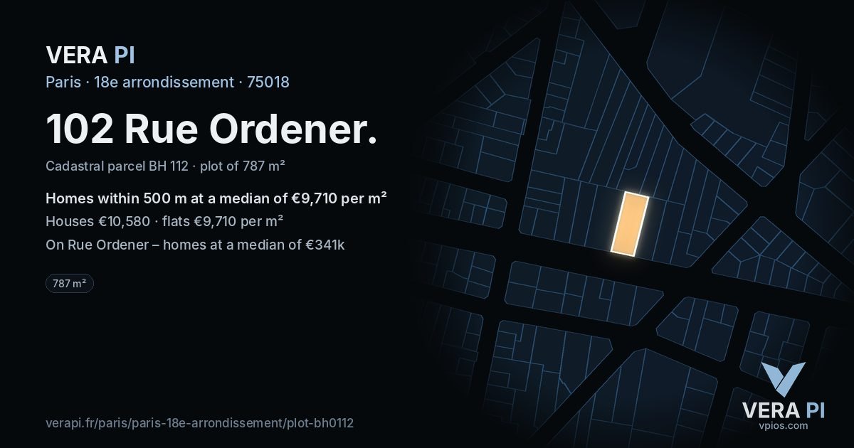 102 Rue Ordener, 18e arrondissement at night – the plot lit, the parcels around coloured by the prices near them