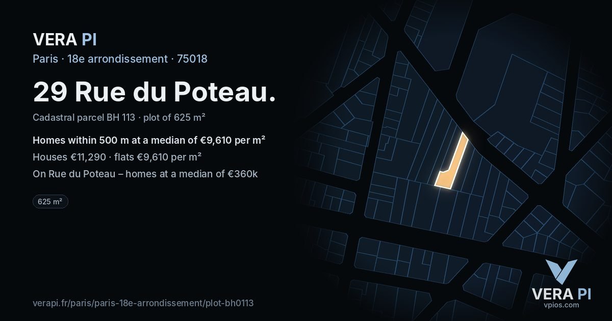 29 Rue du Poteau, 18e arrondissement at night – the plot lit, the parcels around coloured by the prices near them