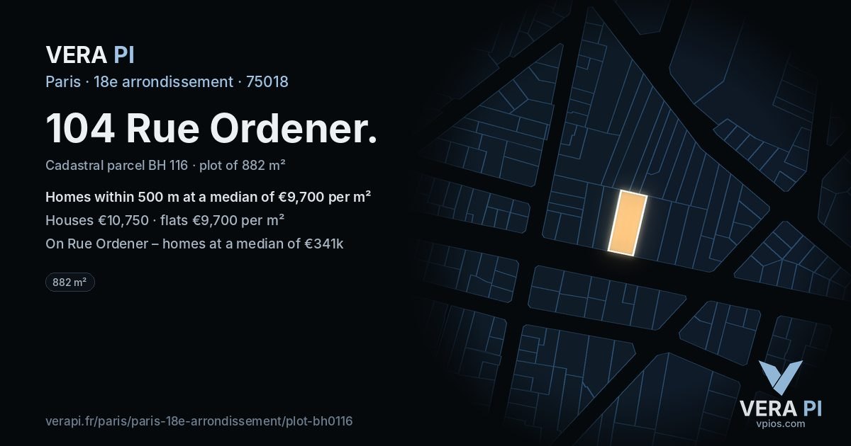 104 Rue Ordener, 18e arrondissement at night – the plot lit, the parcels around coloured by the prices near them