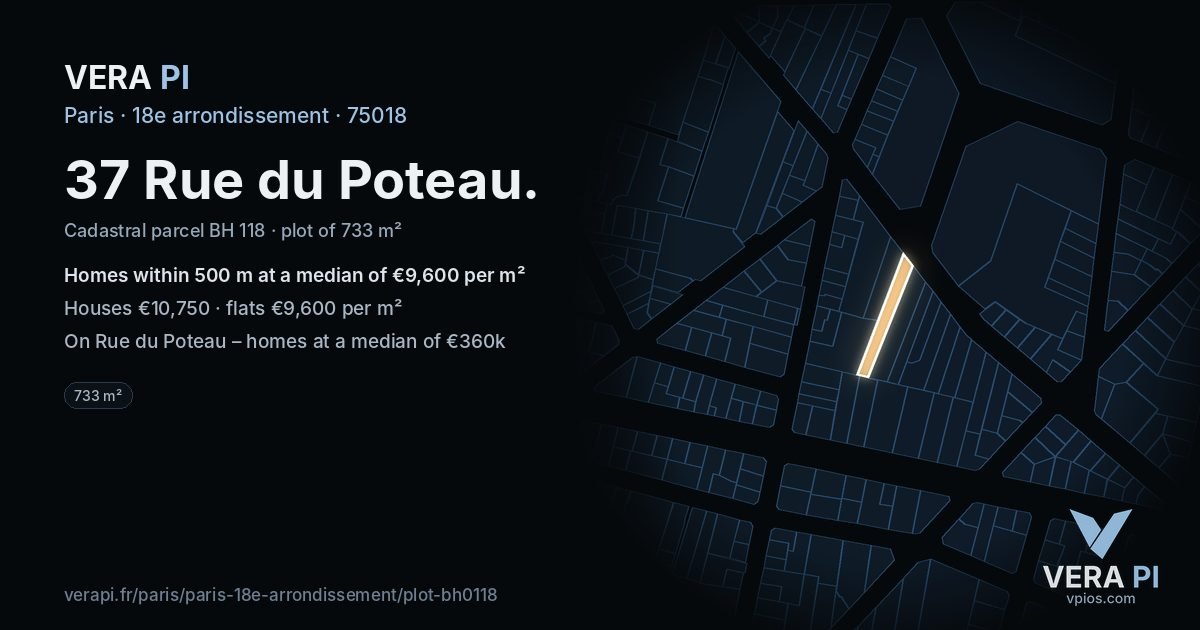37 Rue du Poteau, 18e arrondissement at night – the plot lit, the parcels around coloured by the prices near them