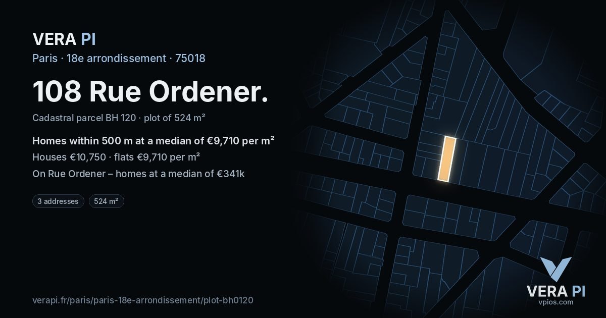 108 Rue Ordener, 18e arrondissement at night – the plot lit, the parcels around coloured by the prices near them