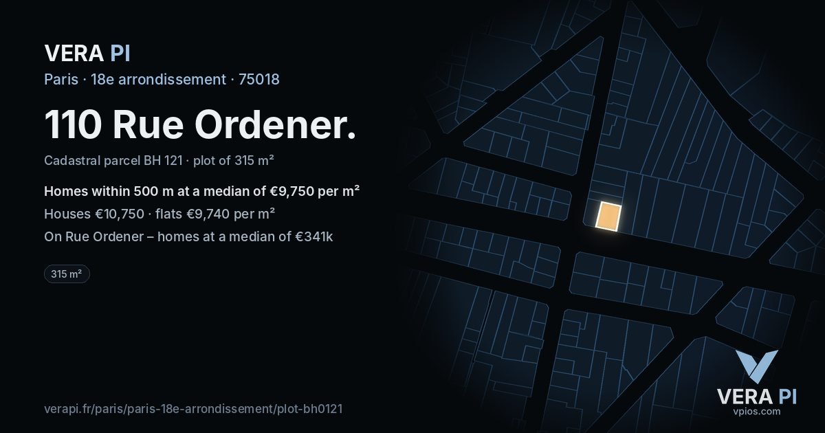 110 Rue Ordener, 18e arrondissement at night – the plot lit, the parcels around coloured by the prices near them