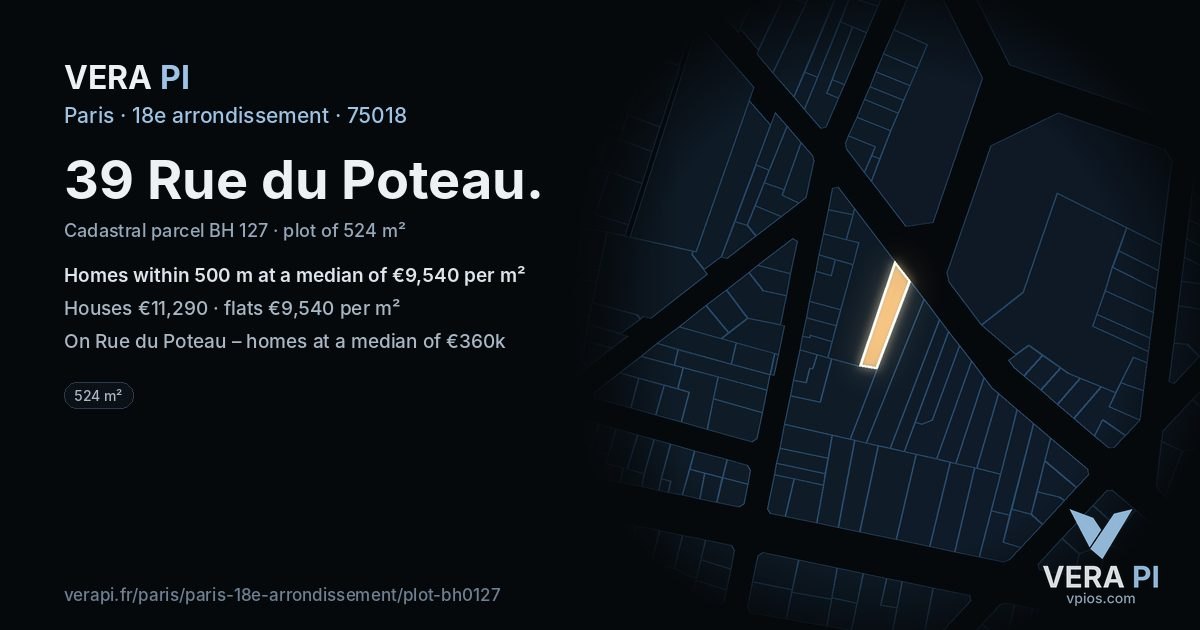 39 Rue du Poteau, 18e arrondissement at night – the plot lit, the parcels around coloured by the prices near them