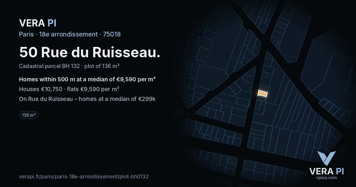 50 Rue du Ruisseau, 18e arrondissement at night – the plot lit, the parcels around coloured by the prices near them
