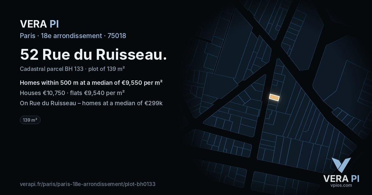 52 Rue du Ruisseau, 18e arrondissement at night – the plot lit, the parcels around coloured by the prices near them